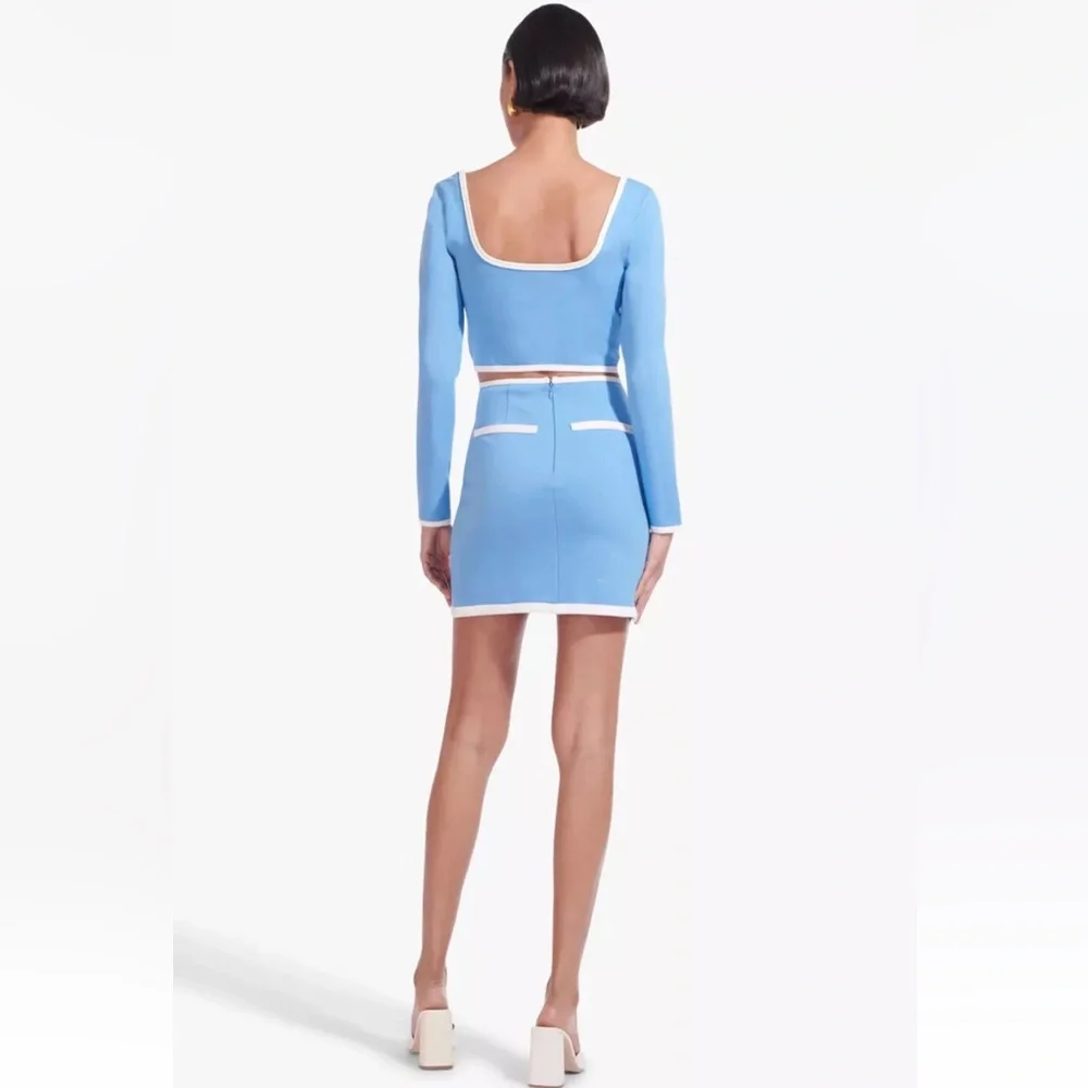 NWT STAUD Berry Long Sleeve Ponte Structured Crop Top in Sky/White - Picture 6 of 14